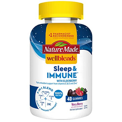 Nature Made Wellblends Sleep and Immune with Elderberry, Sleep Aid and Immune Support Supplement, with Vitamin D3, Vitamin C, Vitamin E, Zinc, and Melatonin, 40 Gummies