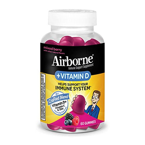 Airborne 180mg Vitamin C + Vitamin D with Zinc Gummies for Adults, Immune Support Supplement with Powerful Antioxidant Vitamins C & D - 60 Gummies, Mixed Berry Flavor