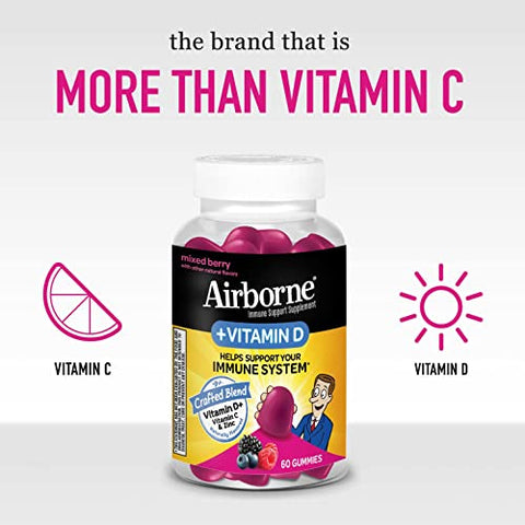 Airborne 180mg Vitamin C + Vitamin D with Zinc Gummies for Adults, Immune Support Supplement with Powerful Antioxidant Vitamins C & D - 60 Gummies, Mixed Berry Flavor