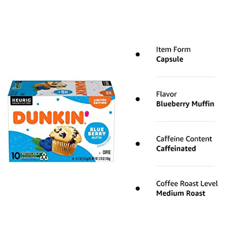 Dunkin’ Blueberry Muffin Ground Coffee, Keurig K-Cup Pods, 10 Count