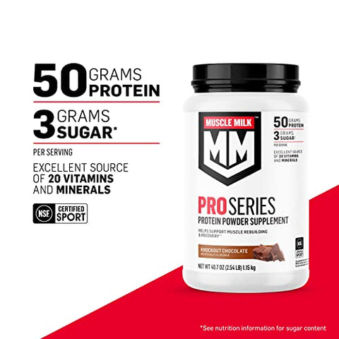 Muscle Milk Pro Series Protein Powder Supplement, Knockout Chocolate, 2.54 Pound, 14 Servings, 50g Protein, 3g Sugar, 20 Vitamins & Minerals, NSF Certified for Sport, Packaging May Vary