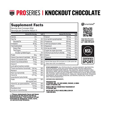 Muscle Milk Pro Series Protein Powder Supplement, Knockout Chocolate, 2.54 Pound, 14 Servings, 50g Protein, 3g Sugar, 20 Vitamins & Minerals, NSF Certified for Sport, Packaging May Vary