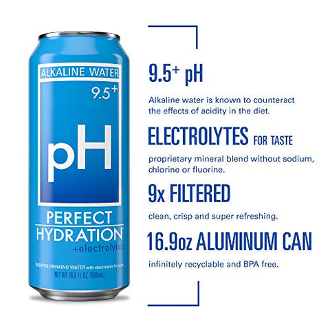 Perfect Hydration 9.5+ ph Alkaline Water, 16.9 oz Recyclable Aluminum Cans | 9x Purified | Electrolyte Minerals for Taste | Pack of 12