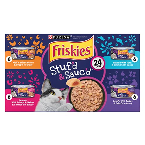 Purina Friskies Gravy Wet Cat Food Variety Pack, Stuf'd & Sauc'd with Chicken, Salmon & Shrimp, Tuna & Turkey - (24) 5.5 oz. Cans