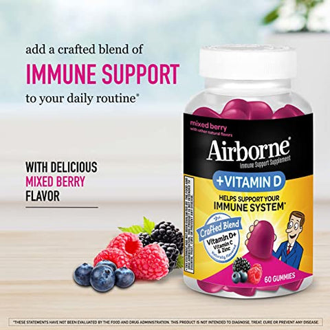 Airborne 180mg Vitamin C + Vitamin D with Zinc Gummies for Adults, Immune Support Supplement with Powerful Antioxidant Vitamins C & D - 60 Gummies, Mixed Berry Flavor