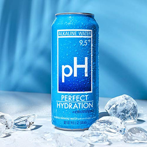 Perfect Hydration 9.5+ ph Alkaline Water, 16.9 oz Recyclable Aluminum Cans | 9x Purified | Electrolyte Minerals for Taste | Pack of 12