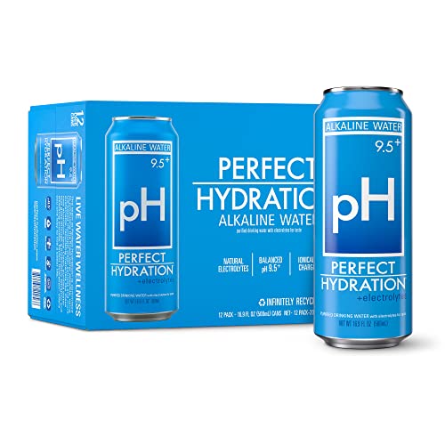 Perfect Hydration 9.5+ ph Alkaline Water, 16.9 oz Recyclable Aluminum Cans | 9x Purified | Electrolyte Minerals for Taste | Pack of 12