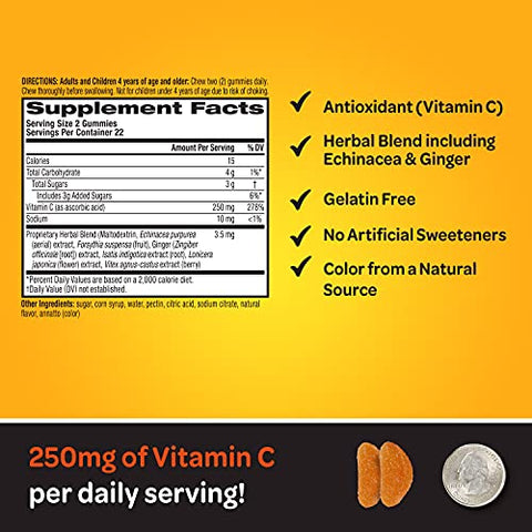 Airborne Simply C 250mg Vitamin C Gummies, Immune Support Supplement with Proprietary Herbal Blend - 44 Gummies, Zesty Orange Flavor