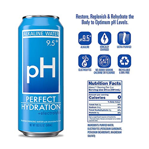 Perfect Hydration 9.5+ ph Alkaline Water, 16.9 oz Recyclable Aluminum Cans | 9x Purified | Electrolyte Minerals for Taste | Pack of 12